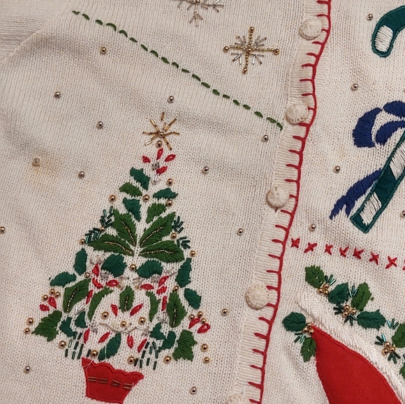 Ship N Shore Large Christmas Cardigan Sweater White Red Green Buttons Beaded - Picture 2 of 9